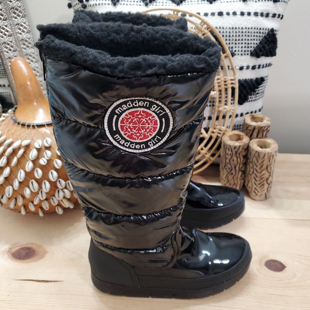 Madden Girl Iggloo Shiny Puffer Tall Snow Rain Boot Logo Lined Traction Black 7M